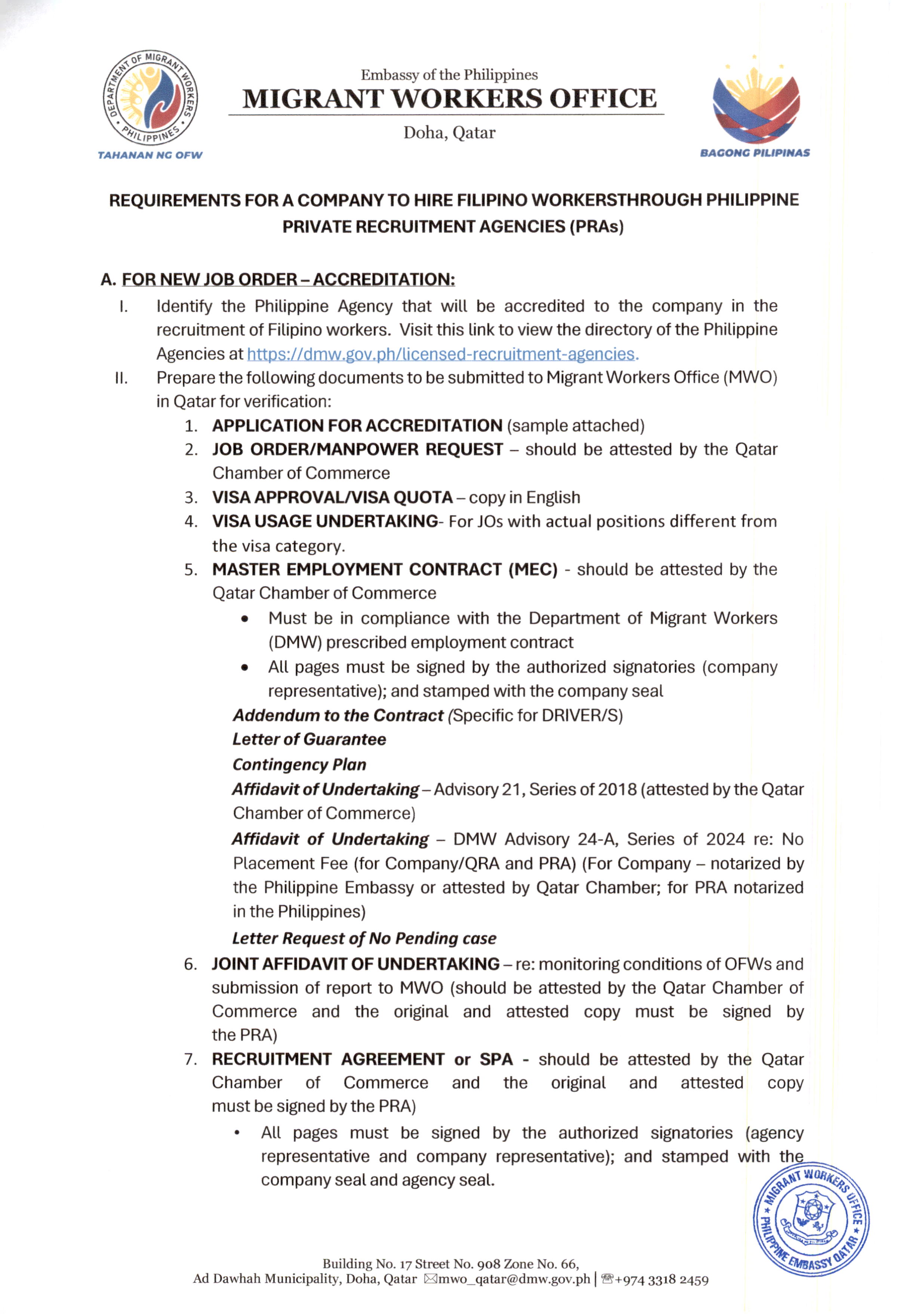 REQUIREMENTS FOR A COMPANY TO HIRE FILIPINO WORKERS THROUGH PHILIPPINE PRIVATE RECRUITMENT AGENCIES (PRAs) Image