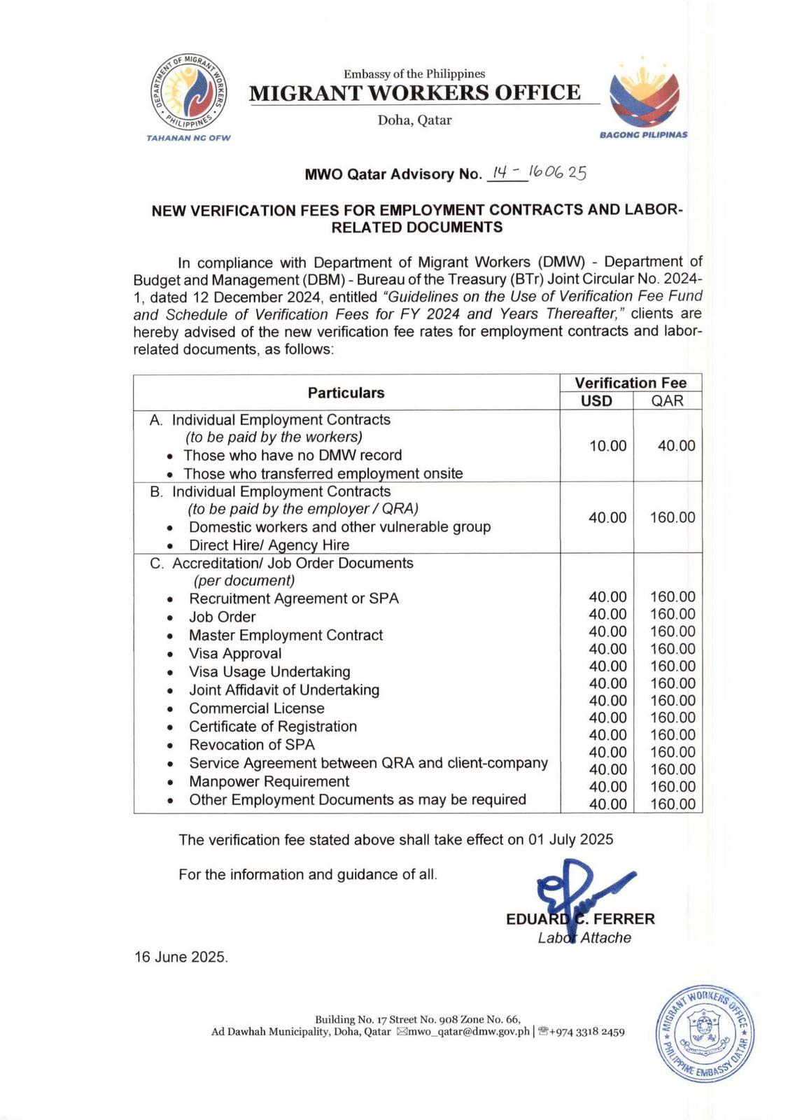 MWO Advisory 14 1610625 - New Verification Fees For Employment Contracts and Labor Related Documents Image